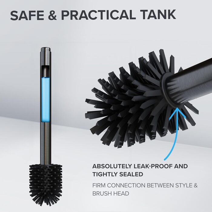 Торцева щітка для унітазу Arosund | Силіконова щітка для унітазу | З вентиляцією | Свободно стояча | Головка щітки з нержавіючої сталі | З резервуаром для мийного засобу | Знімний піддон для крапель | Щітка для унітазу (Gunmetal)