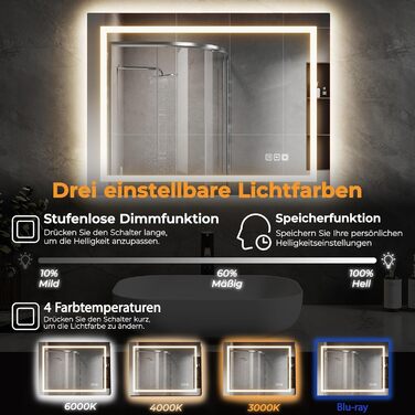 Дзеркало для ванної кімнати SVNR з підсвічуванням, 40x60 см, LED, алюмінієва рама, захисне скло, IP44, сенсорне керування