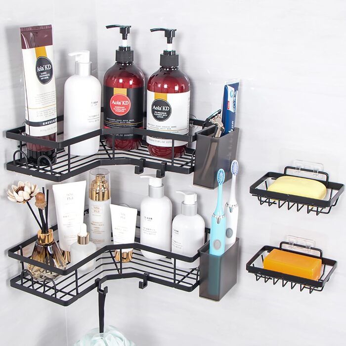 Набір полиць для душу без свердління, 5 шт. Органайзер для ванної кімнати, полиці для душу з нержавіючої сталі, велика місткість, корзинка для душу, тримач для шампуню та гелю для душу для ванної кімнати та кухні (2 прямокутні + 2 контейнери + 1 для зубни