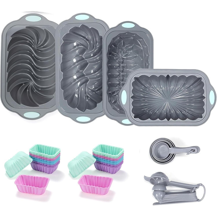 Tongude 45-Piece Silicone Baking Mold Set, 4-Cup Silicone Baking Pan for Baking Bread, Ribbed Cupcake, Non-Stick Kitchen Baking Molds, with Measuring Cup and Spoon Set, gray