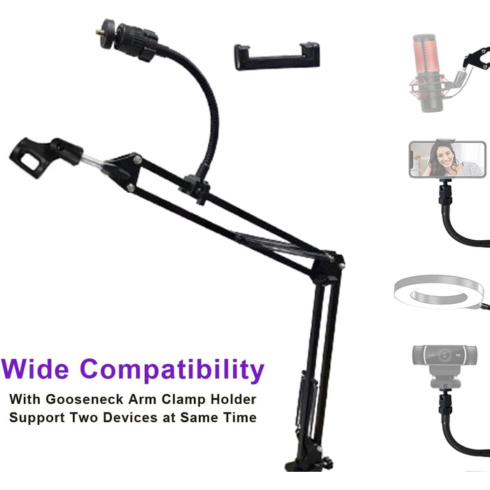 Кріплення для мікрофона на штативі (гусак) 2-в-1 з тримачем для веб-камери та телефону. Сумісний з Blue Yeti, HyperX QuadCast, Logitech C920, C930 та іншими.