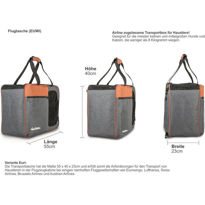 Annitaño Преміум переноска для собак, 55x40x23 см, EUWI - Водонепроникна, до 12 кг, комфортна для подорожей