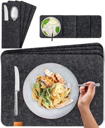 Felt Table Placemats - Set of 24 Table Coasters - Washable Felt Placemats - 8 Placemats, Glass Coasters, Cutlery Pouches | Dark Gray | Square Felt Coasters - Placemats for Christmas