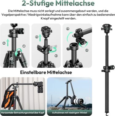 Штатив для камери ULANZI JJ05 GlideGo 184 см з карбону, складаний, з поворотним центральним стовпом, легкий, для DSLR, 360° кульковий голівкою, швидка пластина, вантажопідйомність 18 кг