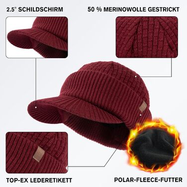 Шапка в'язана з мериносової вовни TOP-EX PolarWool™ для чоловіків та жінок, з підкладкою з флісу, для занять спортом, катання на лижах, тепла зимова шапка, M-XXL (Бордовий, XL-XXL)