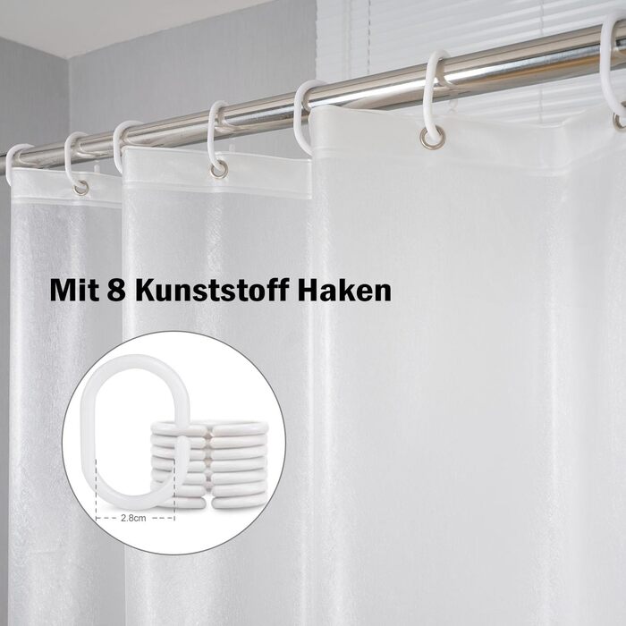 Шторка для душу AooHome 180x200 см, прозора, біла, з 5 магнітними вагами, 12 гачками, з малюнком, водовідштовхувальна, антигрибкова