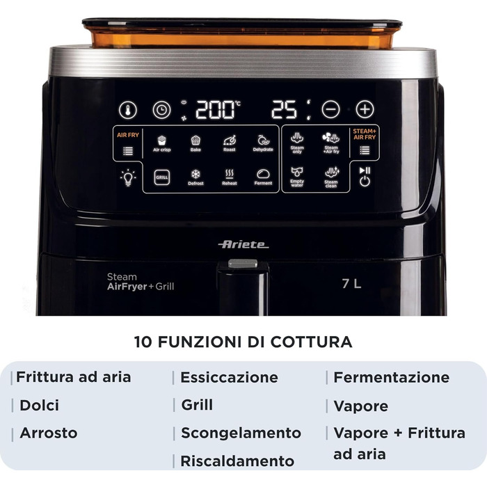 Фритюрниця Ariete 4636 з функцією пари та грилем, 1700W, сушильна функція, 10 режимів приготування, прозорий кошик, таймер, підсвітка, чорний колір