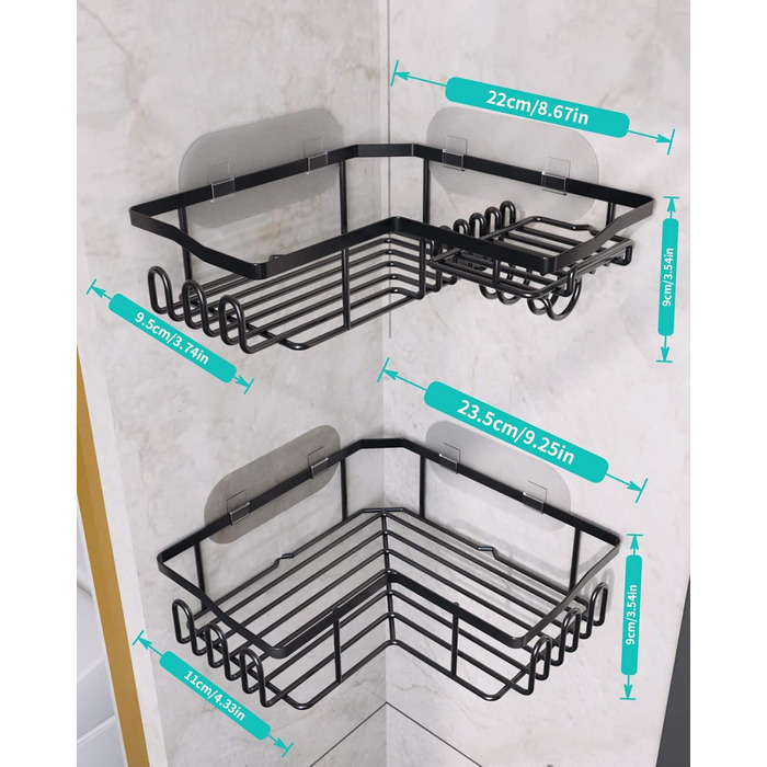 Дзеркальна поличка для душу HapiRm без свердління - органайзер для ванної кімнати та кухні з 11 гачками, мильниця, тримач для бритви, кріплення на присосках, 3 наклейки
