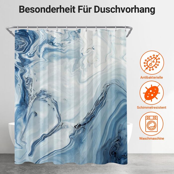 Штора для душу 180x200 см з утяжеленим краєм, антигрибкова, водовідштовхувальна, поліестер, з кільцями (Блакитний градієнт мармуру)