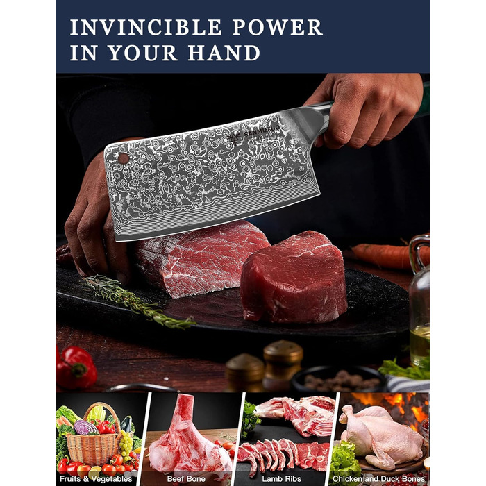 Ніж м'ясник Sanmuzuo Hackmesser 17 см, професійний, Дамаск, Xuan Serie, VG10 сталь, ручка з епоксидної смоли (сапфірово-блакитна)