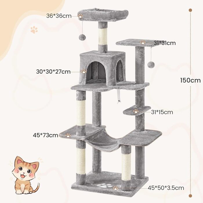 Кігтеточка для котів MSmask велика, багатоповерхова з платформами, гамаком та сизалевими стовпами (світло-сіра)