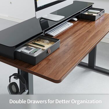 FEZIBO Electric Standing Desk with 2 Drawers - 140x60cm Adjustable Height Desk with Memory Control, Anti-Collision System, Light Brown Home Office Desk