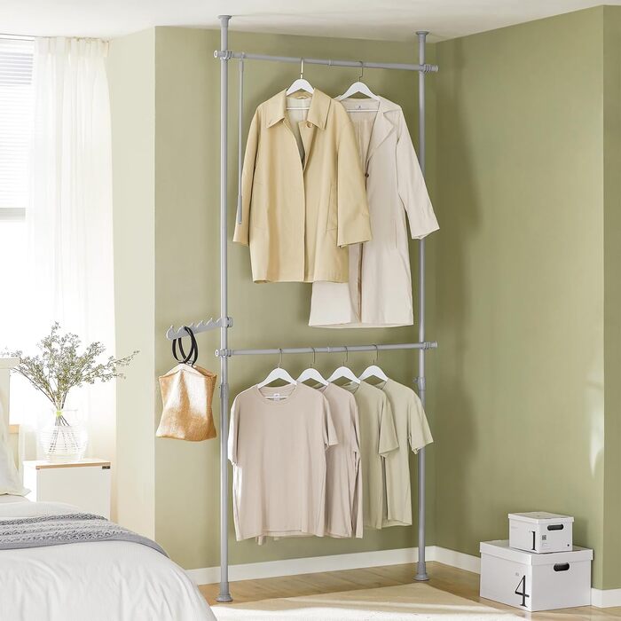 SoBuy® FRG109 Telescopic Wardrobe System with 2 Clothes Rails, Clothes Storage System, Shelf System, Clothes Rack (Light Grey)