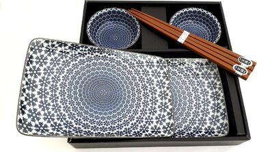 Набір для суші YUKI Original – японський набір для суші білого та блакитного кольорів з порцеляни (2 тарілки, 2 маленькі мисочки, 2 пари паличок) у подарунковій коробці