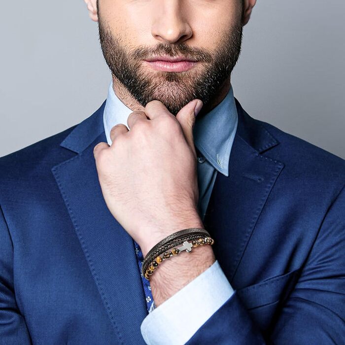 Чоловічий браслет з шкіри, розарій, хрест, чорний/коричневий. Аксесуар для чоловіків та хлопців