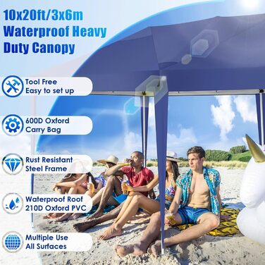 COBIZI Pavilion - Waterproof, Stable, Winter-Proof, Foldable, Pop-Up Party Tent, Garden Pavilion for Beach Wedding, with 4 Side Panels, UV Protection 50+, Adjustable Height (Navy Blue, 3x6m)
