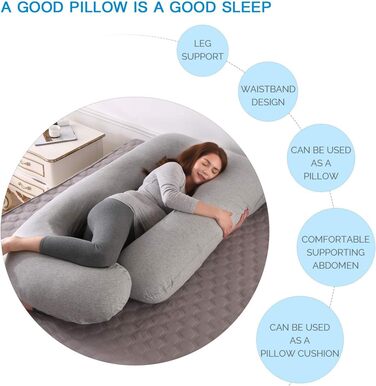 Mingfuxin Pregnancy Pillow, Large J-Shaped Full-Body Maternity Pillow with Removable Velvet Cover for Sleeping and Feeding (Knitted Cotton | Light Grey)