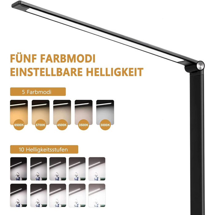 Стіл лампа LED, диммер, 5 кольорів, 10 рівнів яскравості, захист очей, нічник для дітей, офісна лампа, денне світло, USB-порт (чорний)