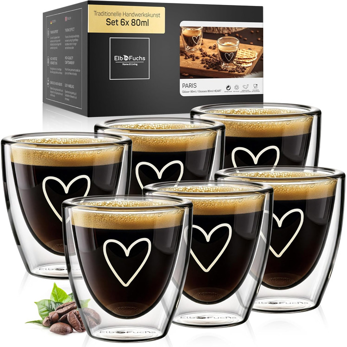 Набір склянок для лате макіато 4 шт. з серцем | Подвійні термосклянки | Для капучино, кави, чаю | 80 мл (Set6, 07 Paris)