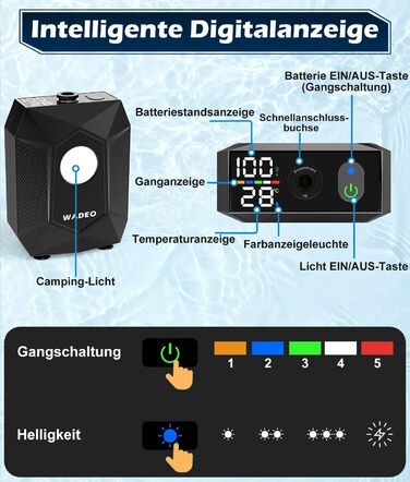 Портативна душова кабіна WADEO з акумулятором, насосом та підсвічуванням, 120 хвилин роботи, LED-підсвічування, комплект мобільної душової з 2м шлангом, душовою насадкою, тримачем та відром для душу, для саду, миття авто, тварин, пляжу, подорожей, чорного