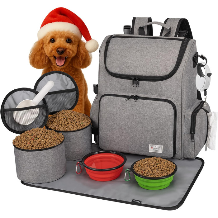 Чемодан для собак Modoker, сумка-переноска для тварин, схвалена авіакомпаніями, з органайзером, плечовим ременем, 2 контейнерами для корму та 2 складаними мисками (сірий)