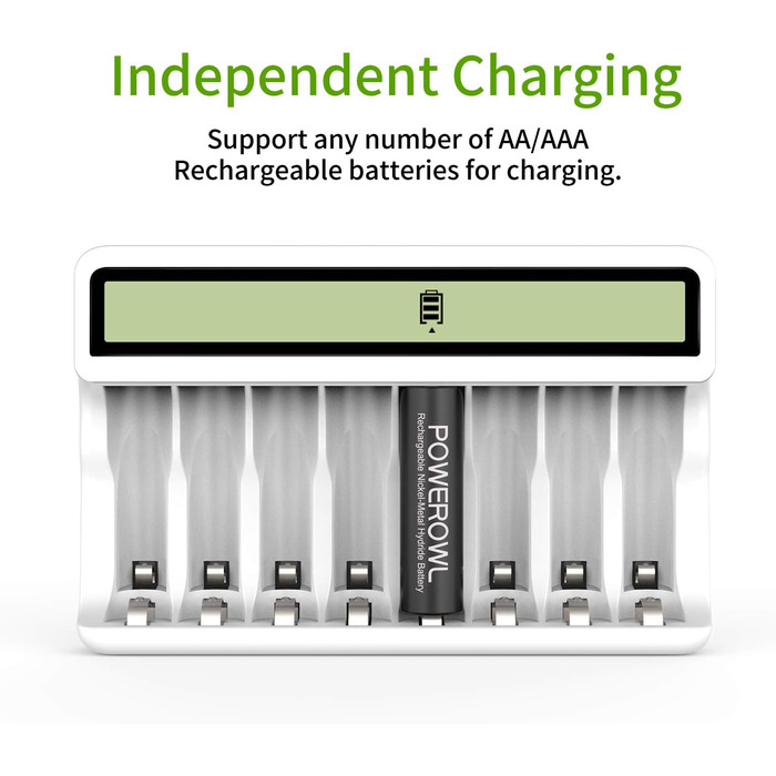 Зарядний пристрій Powerowl з LCD екраном для акумуляторів NI-MH NI-CD AA AAA (Micro-USB, незалежний слот), білий