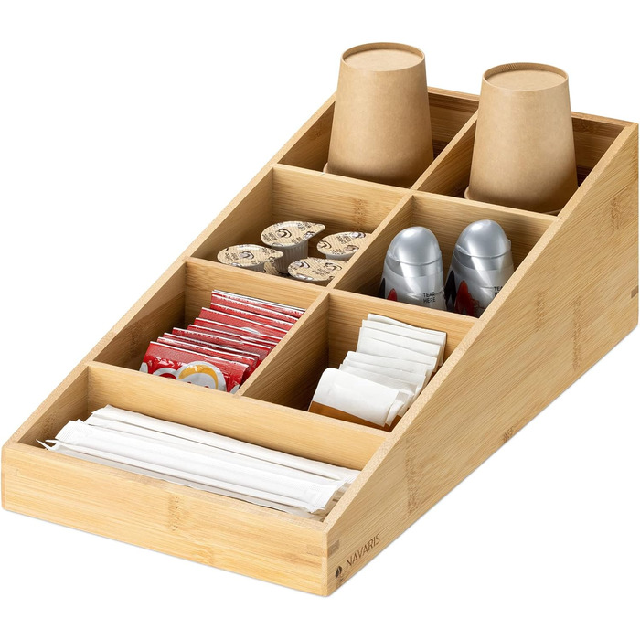 Navaris Coffee Dispenser Organizer - Accessory Storage - Coffee Bar for sugar, milk, napkins, capsules - Coffee Station with 7 Compartments (7 Compartments, Light Brown)