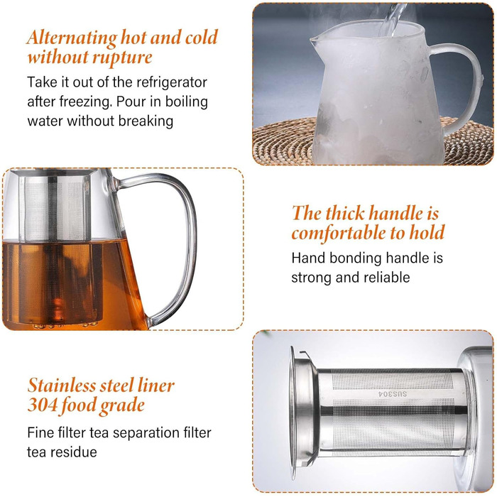 Скляний чайник для заварювання чаю з ситом та кришкою, термостійке боросилікатне скло, 1300 мл