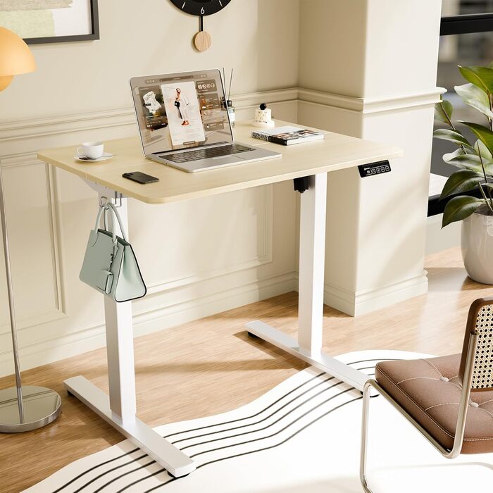 Ergonomaker Electric Standing Desk 80x60cm - Compact Adjustable Height Desk with 2-Section Tabletop, Home Office Desk (White Frame + Oak Tabletop)