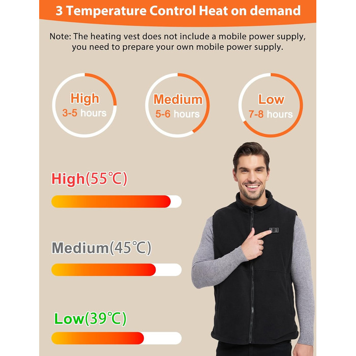 Loowoko Тепла жилетка для чоловіків та жінок з підігрівом, флісова, без акумуляторів, 3 температурні режими, 6 зон нагріву, пральна, для роботи на відкритому повітрі, мотоцикла, прогулянок, чорна, M