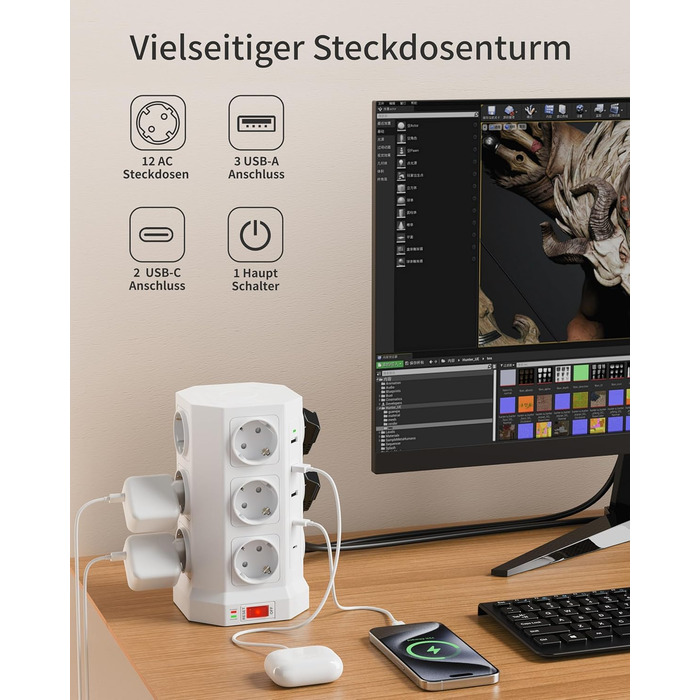 Блок розеток із захистом від перенапруги (3680W/16A), 12 розеток з 5 USB, мережевий фільтр з вимикачем, 1,5м кабель, захист 1050J, для дому/офісу, білий