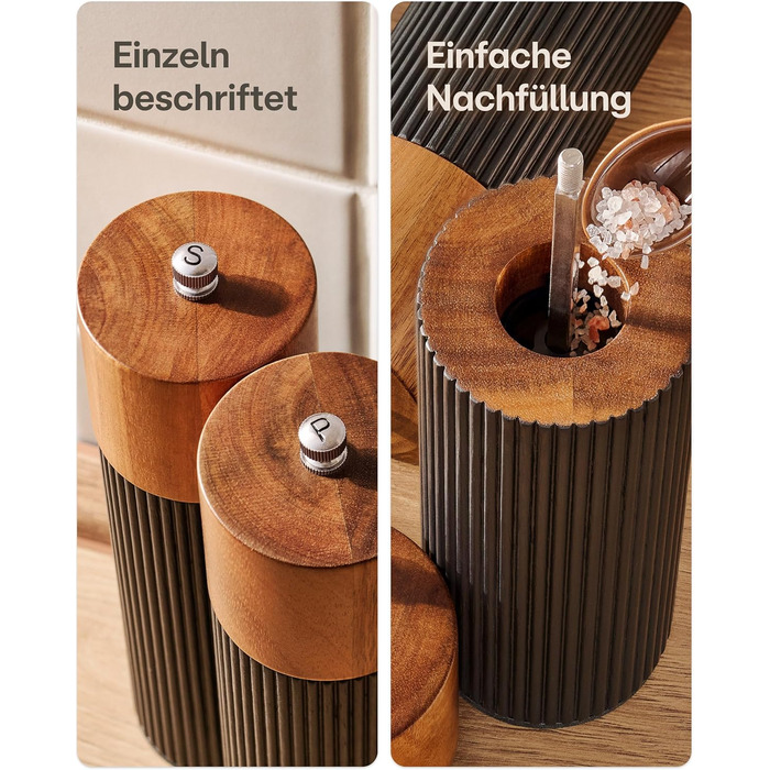 Набір для солі та перцю Praknu з акації FSC® з керамічним жорном – безступеневе регулювання та довговічність – для перцю та солі – дерев'яна млинка для спецій – набір млинок для солі та перцю – чорний – великий