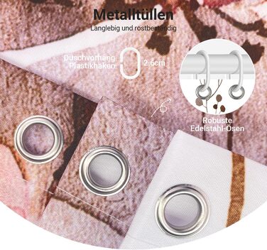 Штора для душу 240x200 см коричнева з квітами, антигрибкова, водовідштовхувальна, поліестер, з кільцями для ванної кімнати