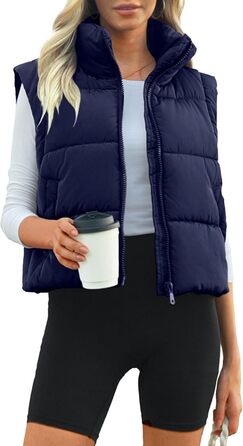 Жіноча укорочена пуховая жилетка Polu, безрукавка, комір-стійка, з утеплювачем, зимова, легка, об'ємна (XL, темно-синій)