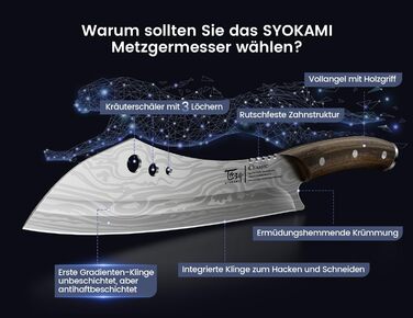 Японський кухонний ніж для м'яса та нарізки Damast Metzgermesser 25.4 см - високовуглецева сталь, повний дерев'яний хвостовик, скребок для зелені