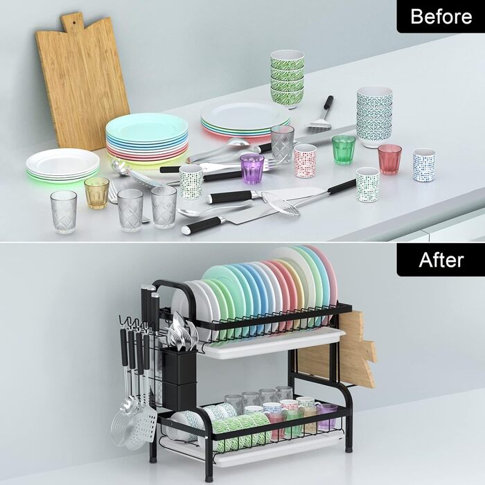 Сушарка для посуду Astoryou 2-ярусна, чорна, з підставкою для столових приборів, з нержавіючої сталі (42x23x41 см)