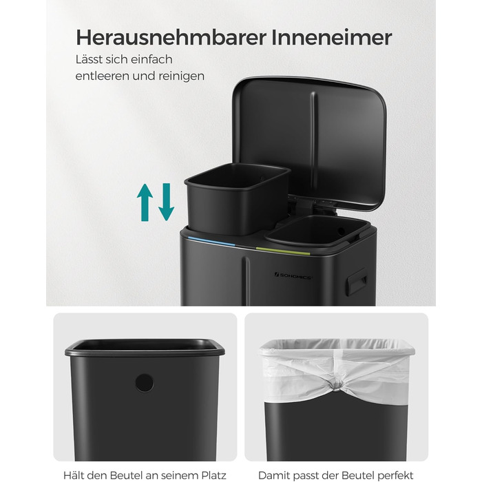 SONGMICS Відро для сміття 40 л з 2 відділеннями, 2 x 20 л, з педаллю, з металу, з пластиковим внутрішнім відром, з кришкою, з ручками, Softclose, герметичне, біле LTB40WT (Чорний)