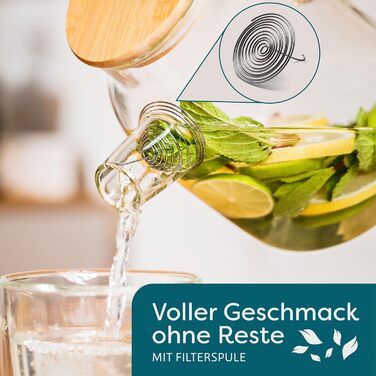 Чайник зі скла 1,5 літра з дерев'яним кришкою та фільтром - для гарячих та холодних напоїв - придатний для миття в посудомийній машині - стійкий до холоду та тепла - ідеальний для літа та зими