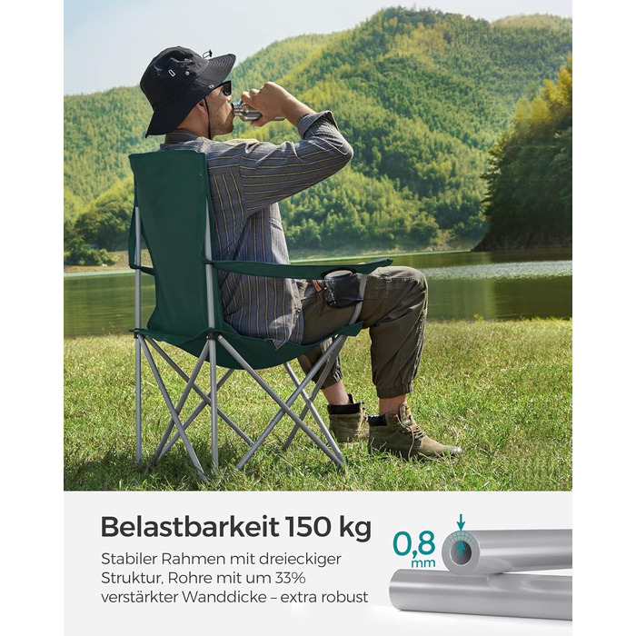 SONGMICS 2-Pack Folding Chair Camping Chair Folding Chair Comfortable Heavy-Duty Construction Max. Load Capacity 150 kg with Cup Holder Outdoor Chair (Dark Green)