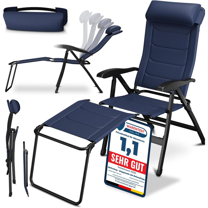 ELONEO Folding Camping Chair with Removable Footrest, Folding Chair made of Aluminum, Folding Garden Chair, Reclining Chair with Adjustable Backrest, Camping Chair (Folding Chair with Footrest (with Premium Cushion), Blue)