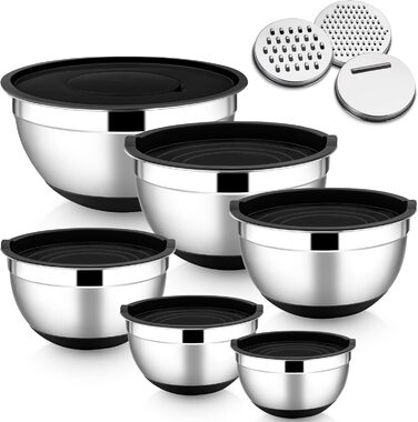 HaWare Mixing Bowl Set of 6, Stainless Steel Bowl Salad Bowl Set with Airtight Lid & 3 Grater Attachments, 4.6L/2.8L/2.5L/1.6L/1.2L/0.7L, Non-Slip Silicone Bottom & Dishwasher Safe, Black