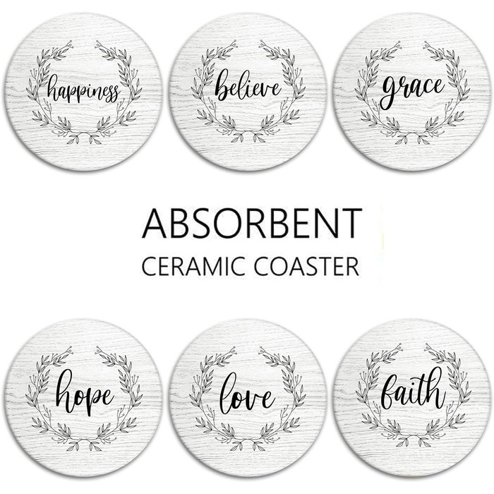 Britimes Drink Coasters, Set of 6, White Marble, Inspiring Love, Absorbent, Round, Ceramic Stone Mat, with Cork Base and Metal Holder, Gift for Housewarming, Bar, Decor (Retro 5)