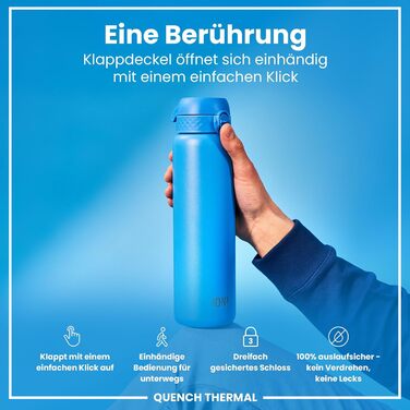 Ion8 Vacuum Insulated Stainless Steel Water Bottle, 1 Liter, 920 ml, Leak-Proof, One-Handed Opening, Secure Locking, Dishwasher Safe, Carrying Handle, Durable, Ideal for Sports and Yoga (OneTouch 2.0, Blue)