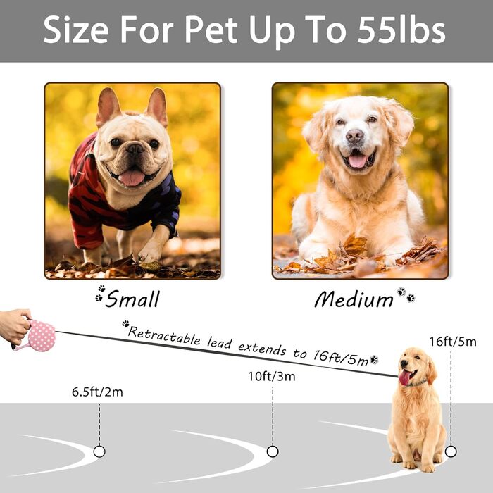 Висувна поводок для собак, 5 м, для маленьких та середніх собак до 25 кг, антизаплутування, міцний нейлоновий поводок (рожево-білі крапки)