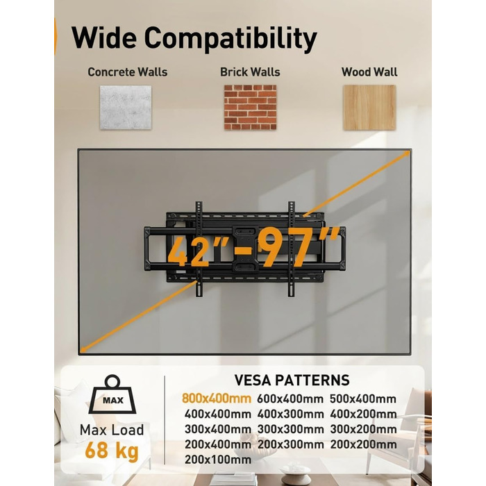 Кріплення для телевізора Perlegear: 42-90 дюймів, до 68 кг, подовжений кронштейн, повний рух, VESA 800x400 мм