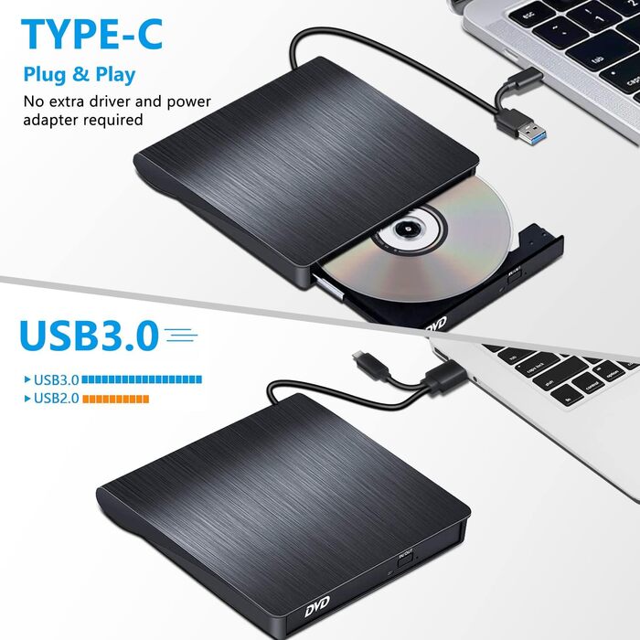 Зовнішній CD/DVD привід BEVA USB 3.0 Type-C, портативний DVD-записувач та зчитувач (DVD/CD-RW), Plug and Play для ноутбука та ПК (Windows, macOS, Linux)