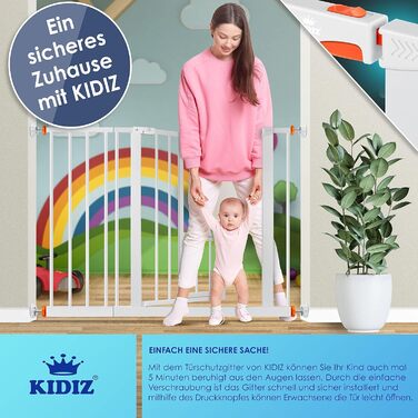 Захисне ворота KIDIZ для котів з люком, захист для дверей, ворота на сходи для дітей без свердління | Зупинка 90°, поворотне, захист для сходів, білий/ширина: (102-115 см, помаранчевий)