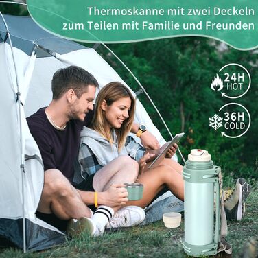 Термос-пляшка 1,5л з 2 чашками, з нержавіючої сталі, подвійні стінки, ізольована, без витоку, для кемпінгу та піших прогулянок, 18 год гаряче/24 год холодне, м'ятно-зелений 1500 мл