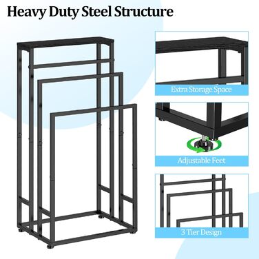 Підставка для рушників стояча, 3-ярусна з полицею з дерева, металева з регульованими ніжками, для ванної кімнати та спальні, 40x30x82 см, чорна