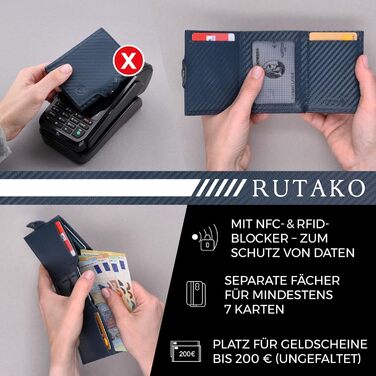 RUTAKO Slim Wallet with XL Coin Pocket & RFID Protection - Card Holder for Men & Women - Small Credit Card Wallet - Mini Purse - Small Portmonee/Portemonnaie - Wallet Carbon Blue